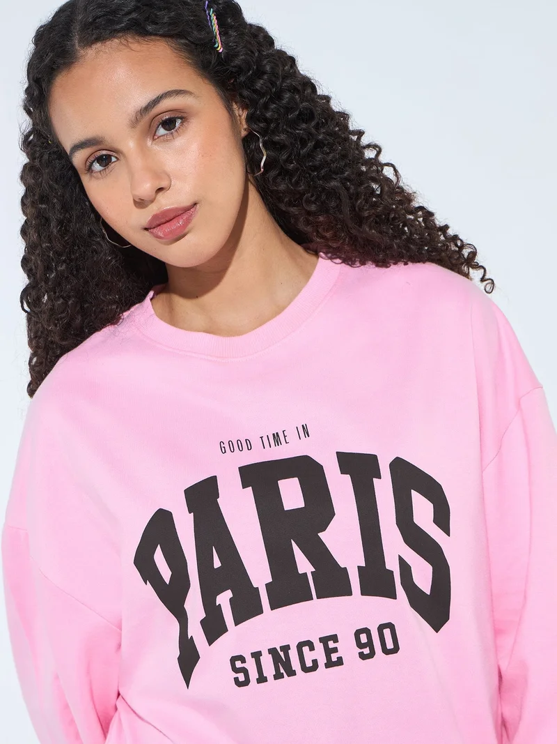Outzidr  Pink Varsity Graphic Sweatshirt for Women | Best Price UAE